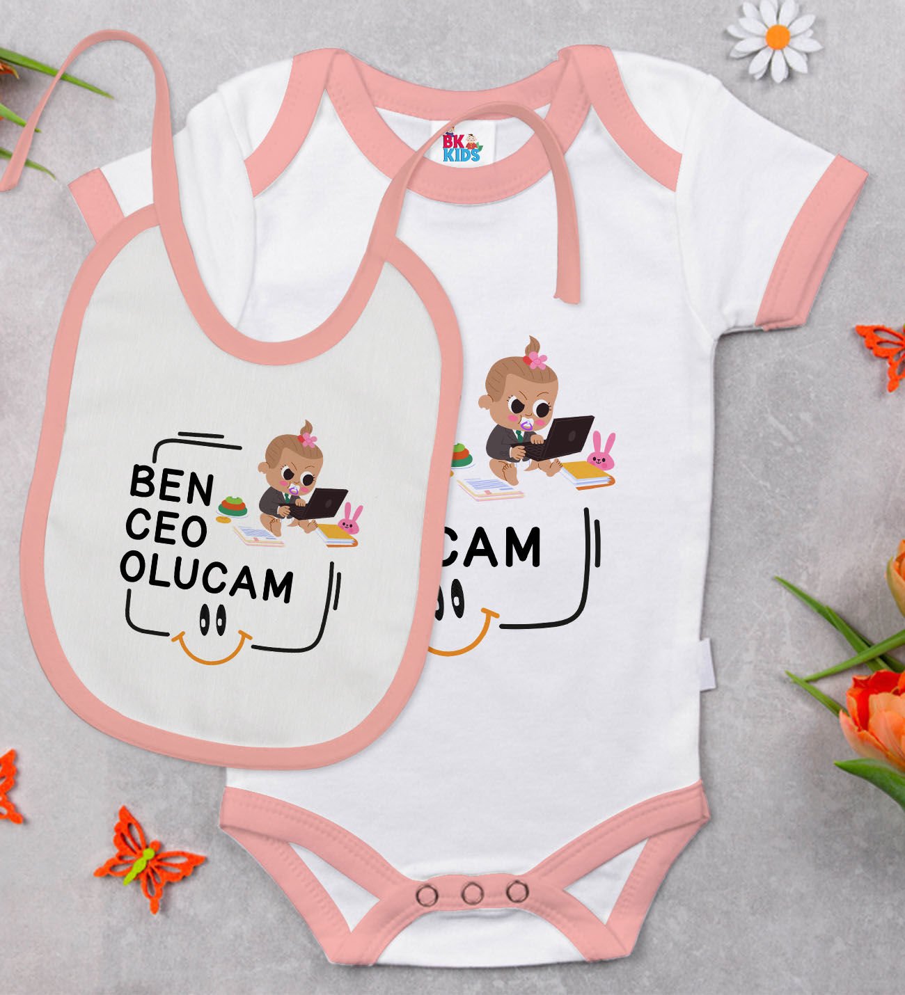 BK Kids Ceo Olucam Tasarımlı Pembe Bebek Body Zıbın ve Mama Önlüğü Hediye Seti-2