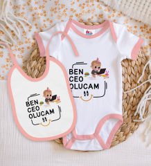 BK Kids Ceo Olucam Tasarımlı Pembe Bebek Body Zıbın ve Mama Önlüğü Hediye Seti-2