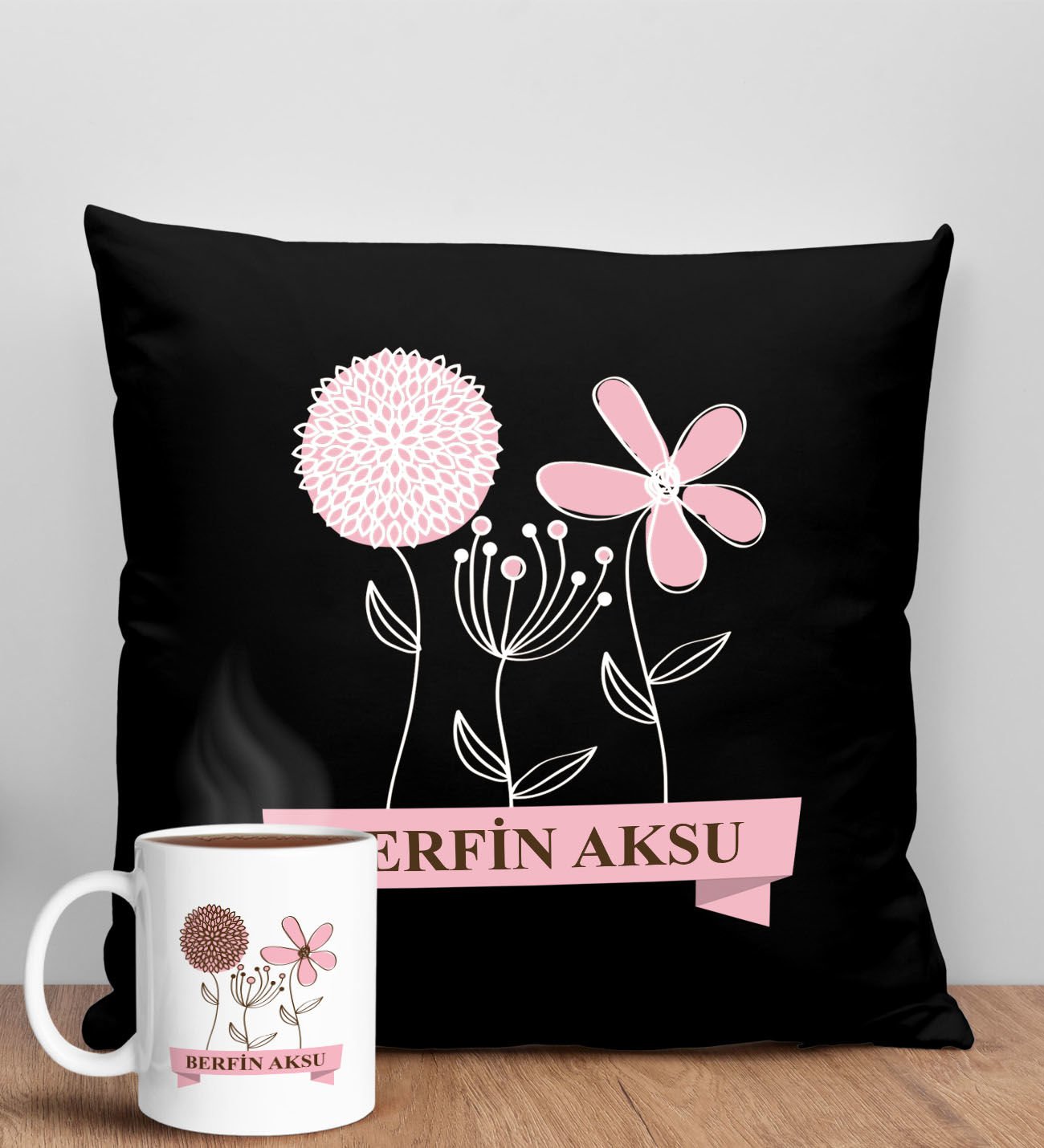 BK Gift Kişiye Özel İsimli Anneler Günü Tasarımlı Siyah Kırlent Yastık ve Kupa Seti, Anneye Hediye, Ev Dekorasyonu, Anneler Günü Hediyesi-4