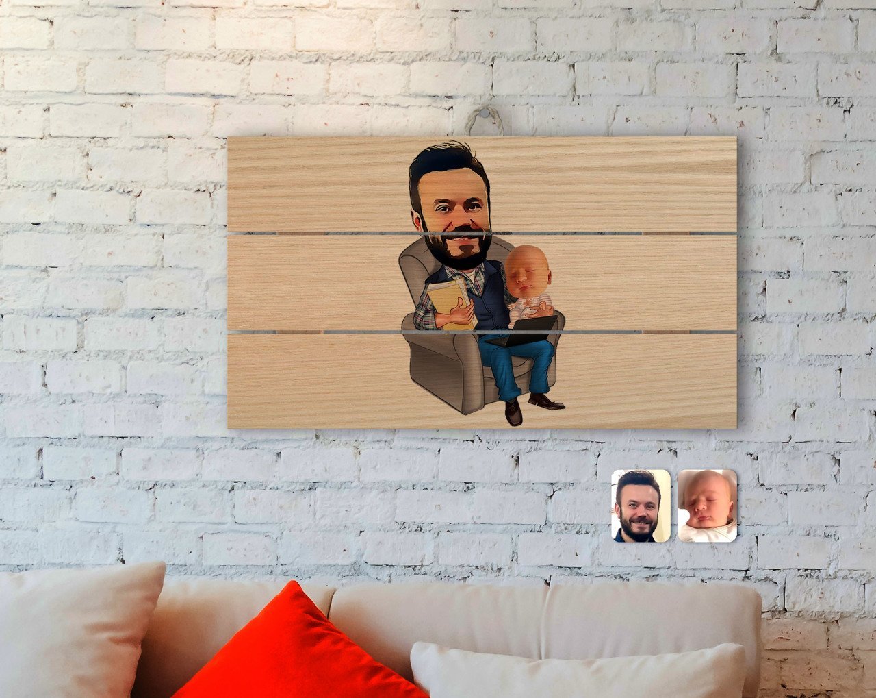 Kişiye Özel Baba Oğul Karikatürlü Otantik Ahşap Palet Tablo-1