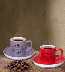 BK Gift Kişiye Özel İsimli Gri ve Kırmızı Renk İkili Türk Kahvesi Fincan Seti-9, Ev Hediyesi, Arkadaşa Hediye, Doğum Günü Hediyesi