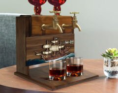 BK Gift Kişiye Özel Kabartma Gemi Tasarımlı Çift Musluklu Doğal Ahşap İçki Standı-4, İçki Standı, Doğum Günü Hediyesi, Ev Hediyesi, Erkek Hediye