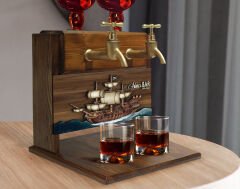 BK Gift Kişiye Özel Kabartma Gemi Tasarımlı Çift Musluklu Doğal Ahşap İçki Standı-4, İçki Standı, Doğum Günü Hediyesi, Ev Hediyesi, Erkek Hediye