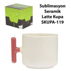 Sublimasyon Pembe Kulplu Seramik Latte Kupa - Kutulu
