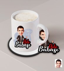 Kişiye Özel Aile Babası Karikatürlü Beyaz Kupa ve Ahşap Bardak Altlığı Hediye Seti-1