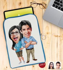 Kişiye Özel Sevgililer Karikatürlü Taşınabilir Koruyucu Tablet Kılıfı & Organizer Çanta - Mavi-101