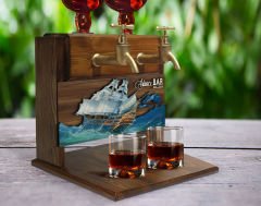 BK Gift Kişiye Özel Kabartma Gemi Tasarımlı Çift Musluklu Doğal Ahşap İçki Standı-5, İçki Standı, Doğum Günü Hediyesi, Ev Hediyesi, Erkek Hediye