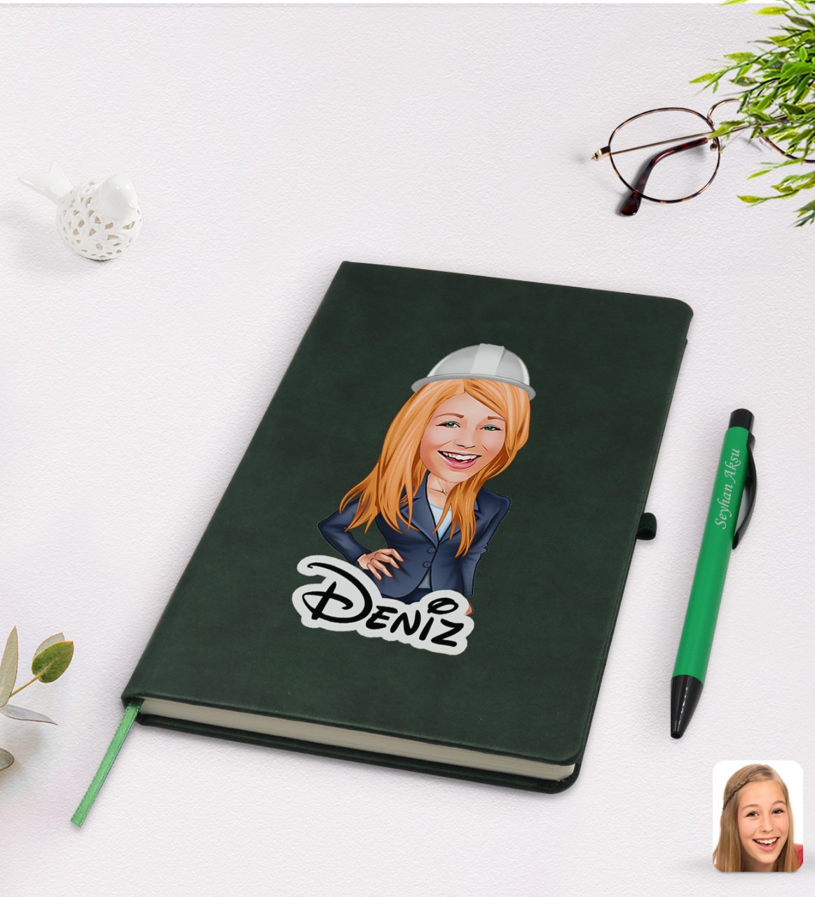 Kişiye Özel Kadın Mühendis Karikatürlü Yeşil Termo Deri Defter Kalem Seti Model 1