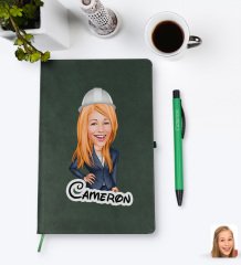 Kişiye Özel Kadın Mühendis Karikatürlü Yeşil Termo Deri Defter Kalem Seti Model 1