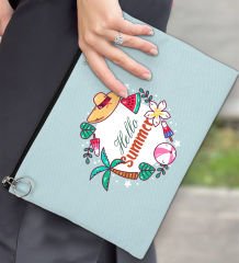 BK Gİft Yaz Temalı-4 Astarlı Açık Mavi Portföy Çanta 30x21cm, Baskılı El Çantası, Organizer Çanta