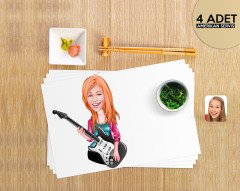 Kişiye Özel Kadın Gitarist Karikatürlü 4 Adet Amerikan Servis Seti-1
