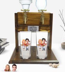 Kişiye Özel Sevgililer Tasarımlı İkili Rakı Bardağı ve Çift Musluklu Doğal Ahşap Rakı Standı-57
