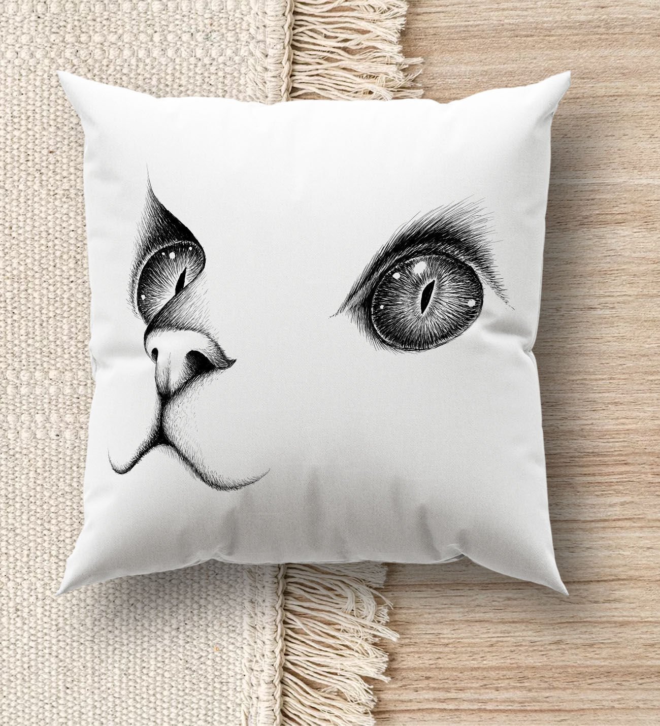BK Gift Kedi Tasarımlı Beyaz Kırlent Yastık, Ev Hediyesi, Ev Dekorasyonu, Dekoratif Hediye-1