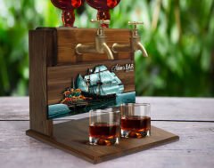 BK Gift Kişiye Özel Kabartma Gemi Tasarımlı Çift Musluklu Doğal Ahşap İçki Standı-6, İçki Standı, Doğum Günü Hediyesi, Ev Hediyesi, Erkek Hediye