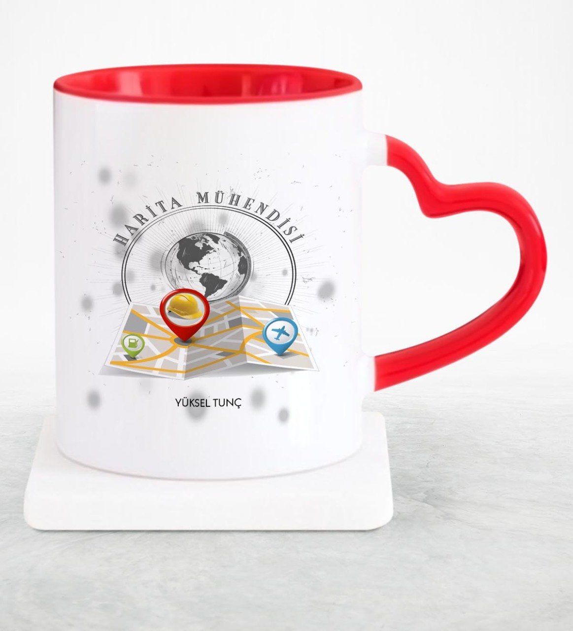 Kişiye Özel Mesleki Harita Mühendisi Kırmızı Kalpli Kupa Bardak - 1