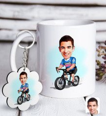 Kişiye Özel Erkek Bisiklet Sürücüsü Karikatürlü Beyaz Kupa ve Anahtarlık Hediye Seti-1