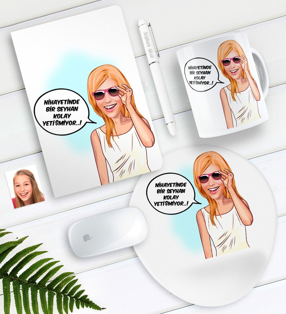 Kişiye Özel Bayan Kolay Yetişmiyor Karikatürlü Defter Kalem Kupa Mouse Pad Seti-4