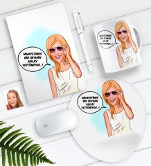 Kişiye Özel Bayan Kolay Yetişmiyor Karikatürlü Defter Kalem Kupa Mouse Pad Seti-4