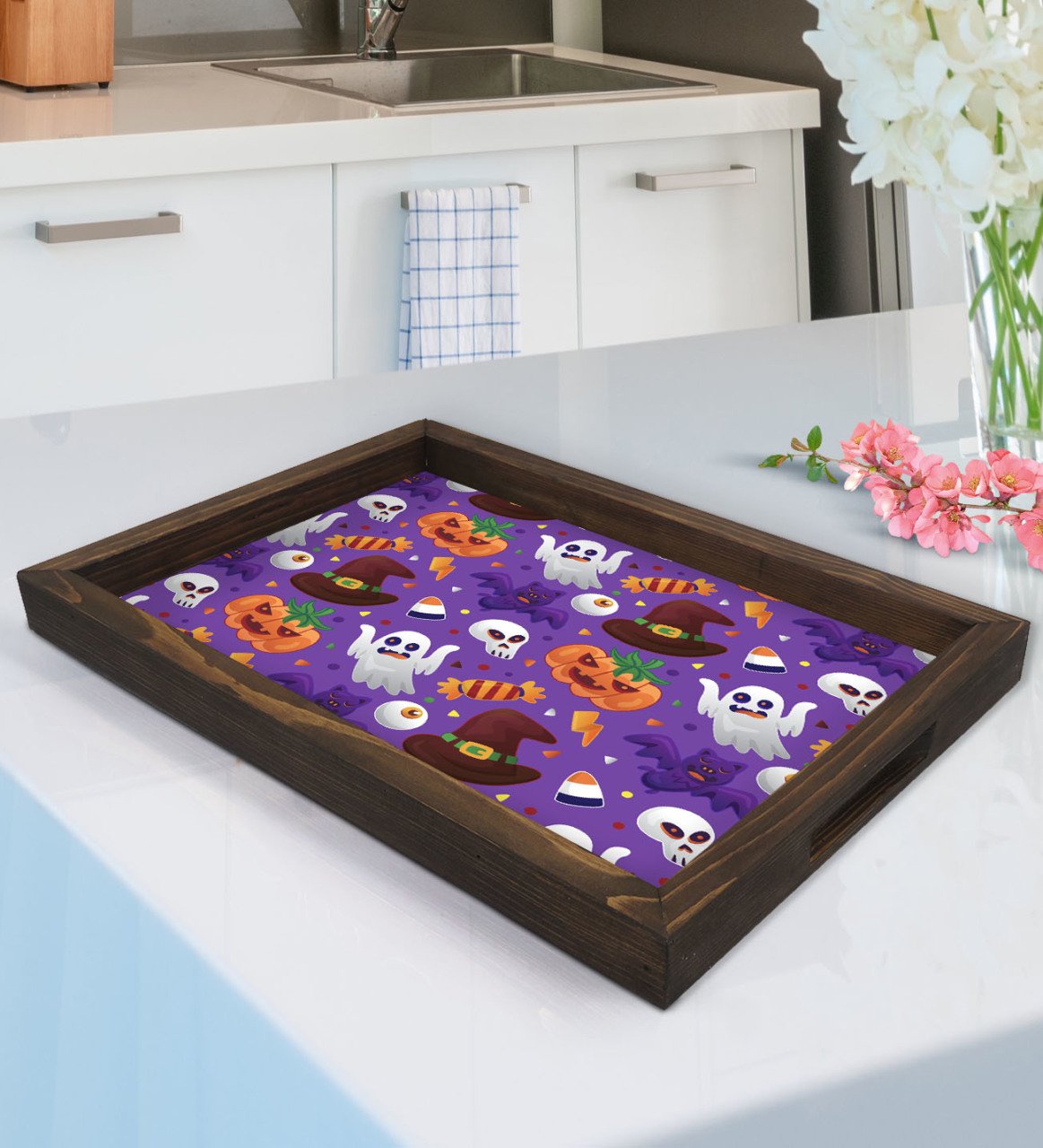 BK Gift Halloween Tasarımlı Doğal Ahşap Tepsi-6