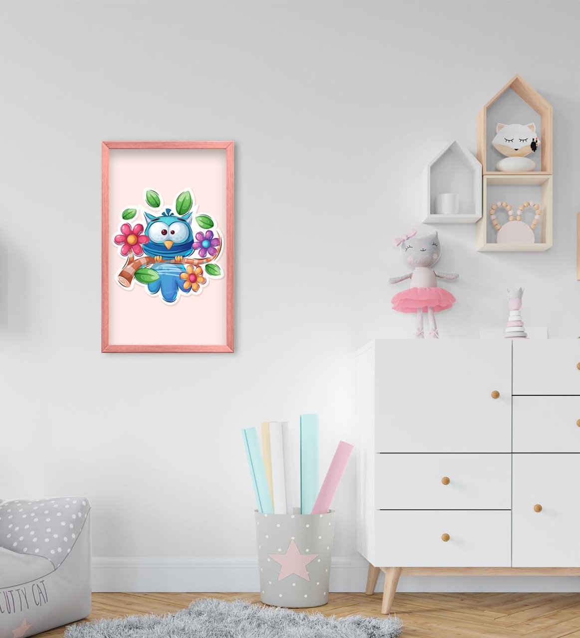 BK Home Baykuş Tasarımlı Dekoratif Pembe Ahşap Çerçeveli Çocuk Odası Tablo-2