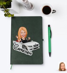 Kişiye Özel Kadın Patron Karikatürlü Yeşil Termo Deri Defter Kalem Seti Model 3