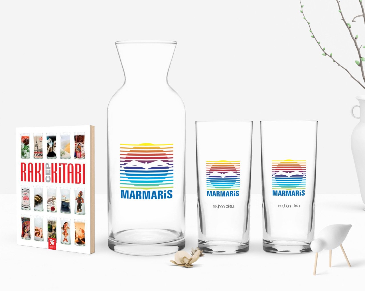 Kişiye Özel Renkli Baskılı Marmaris Tasarımlı Turistik İkili Rakı Bardağı Karaf ve Cep Kitabı Hediye Seti-1