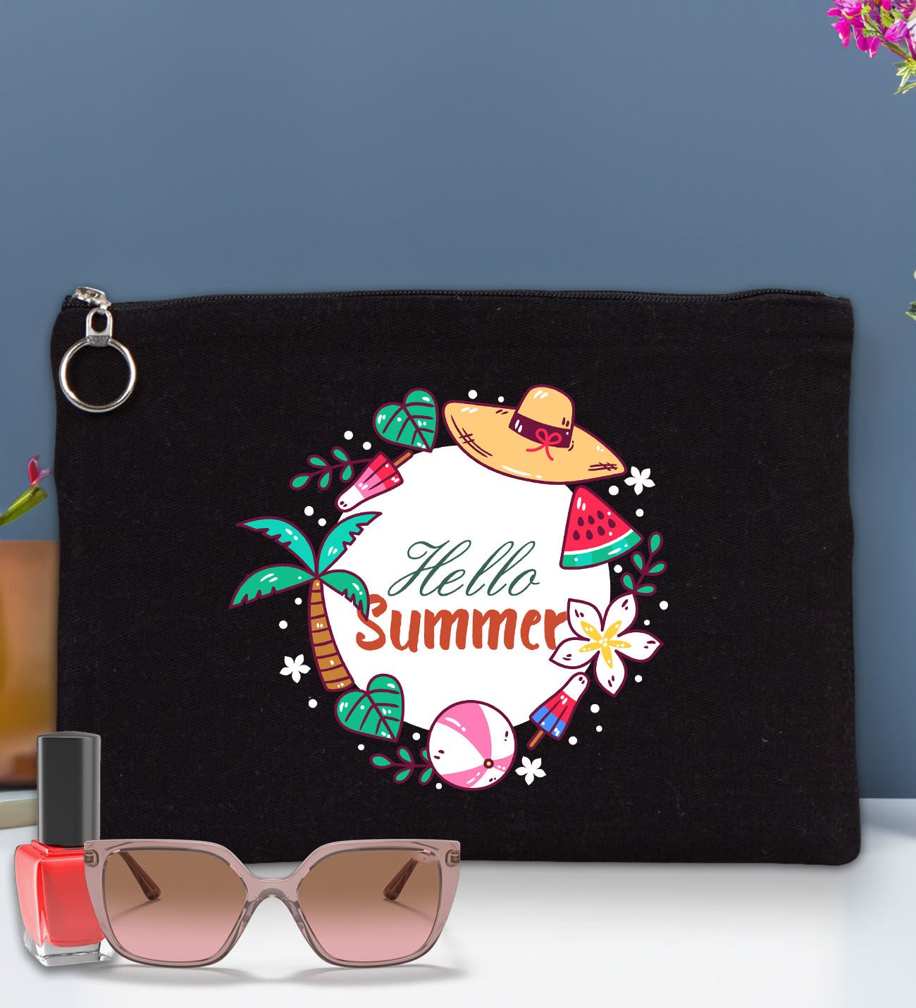 BK Gİft Yaz Temalı-4 Astarlı Siyah Portföy Çanta 30x21cm, Baskılı El Çantası, Organizer Çanta