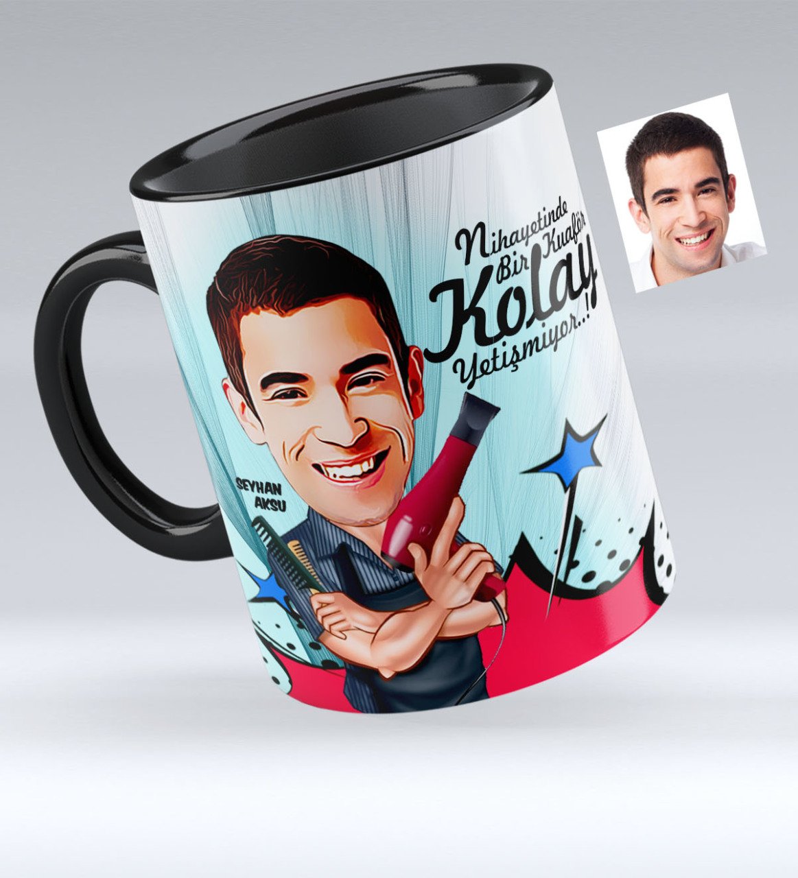 Kişiye Özel Bay Kuaför Karikatürlü Siyah Kupa Bardak - 1