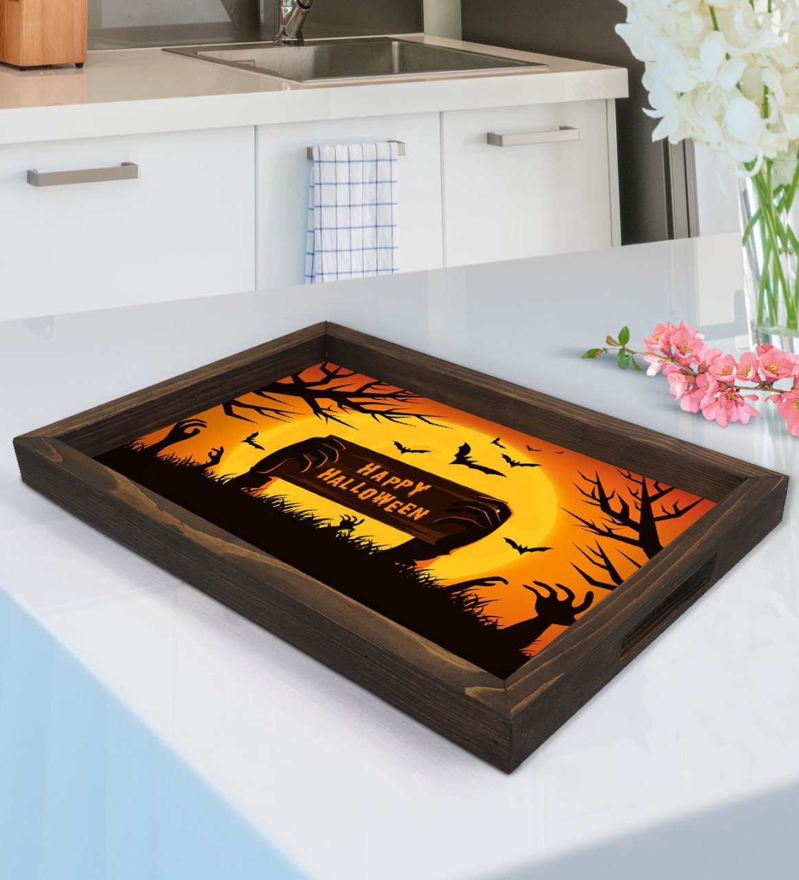 BK Gift Happy Halloween Tasarımlı Doğal Ahşap Tepsi-1