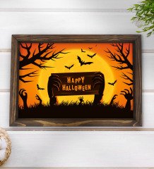 BK Gift Happy Halloween Tasarımlı Doğal Ahşap Tepsi-1