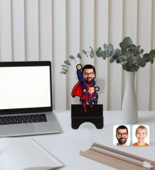 Kişiye Özel Süper Baba Çocuk Karikatürlü Ahşap Biblo Telefon Standı-1