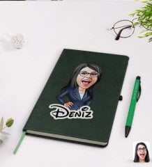 Kişiye Özel Kadın Patron Karikatürlü Yeşil Termo Deri Defter Kalem Seti Model 4