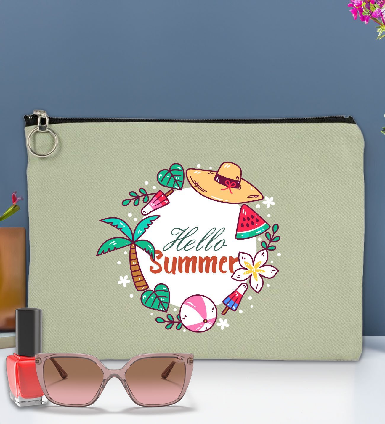 BK Gİft Yaz Temalı-4 Astarlı Mint Yeşili Portföy Çanta 30x21cm, Baskılı El Çantası, Organizer Çanta