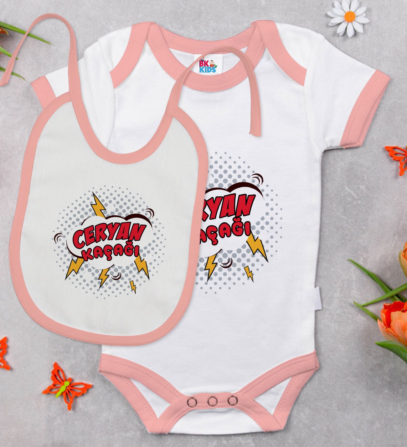 BK Kids Ceryan Kaçağı Tasarımlı Pembe Bebek Body Zıbın ve Mama Önlüğü Hediye Seti-1