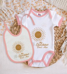 BK Kids Kişiye Özel My Sunshine Tasarımlı Pembe Bebek Body Zıbın ve Mama Önlüğü Hediye Seti