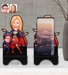 Kişiye Özel Süper Anne Çocuk Karikatürlü Ahşap Biblo Telefon Standı-1