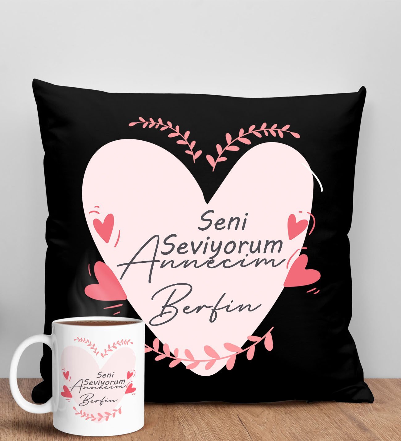 BK Gift Kişiye Özel İsimli Anneler Günü Tasarımlı Siyah Kırlent Yastık ve Kupa Seti, Anneye Hediye, Ev Dekorasyonu, Anneler Günü Hediyesi-10