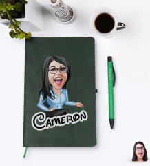Kişiye Özel Kadın Patron Karikatürlü Yeşil Termo Deri Defter Kalem Seti Model 5