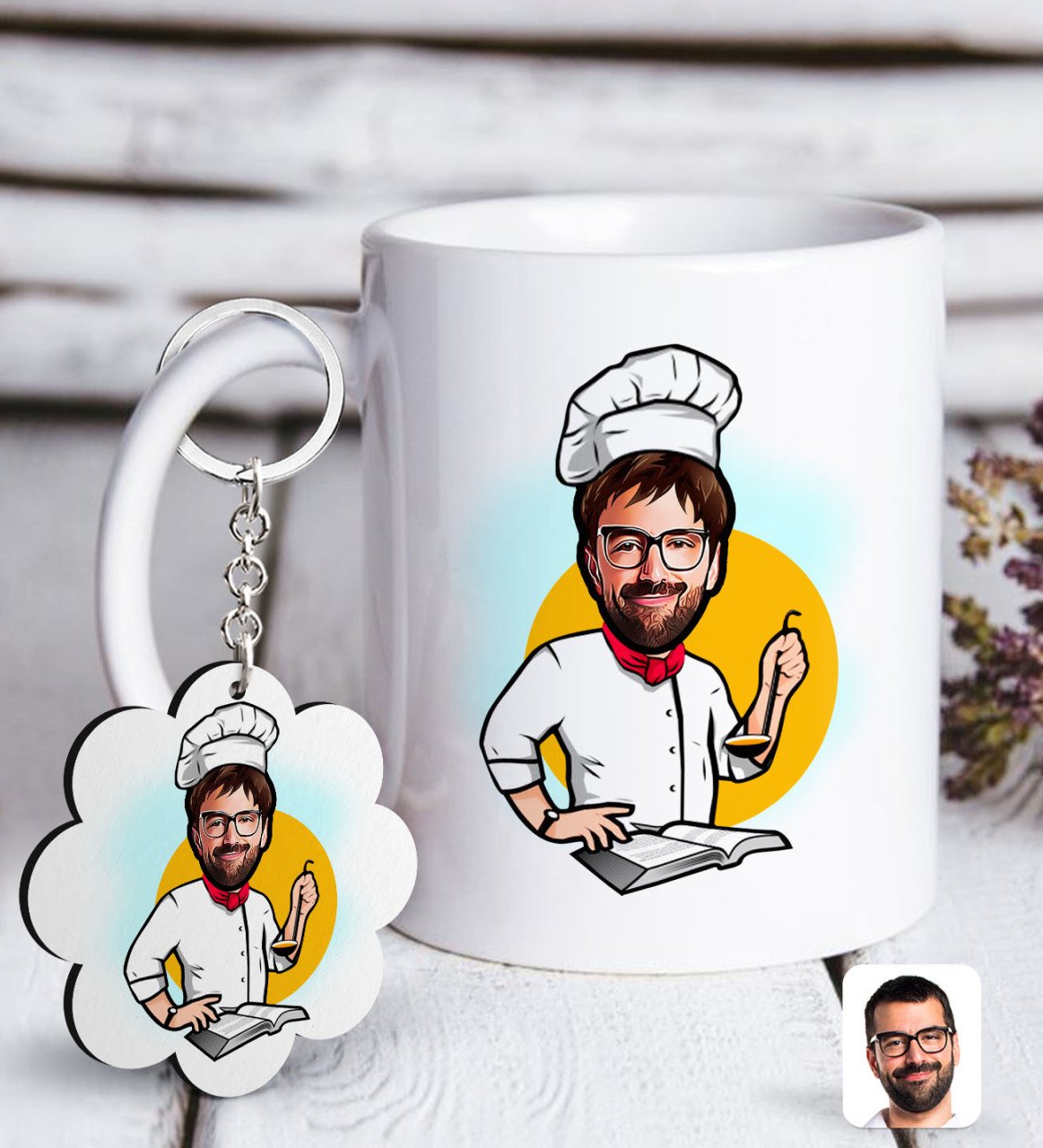 Kişiye Özel Erkek Chef Karikatürlü Beyaz Kupa ve Anahtarlık Hediye Seti-12