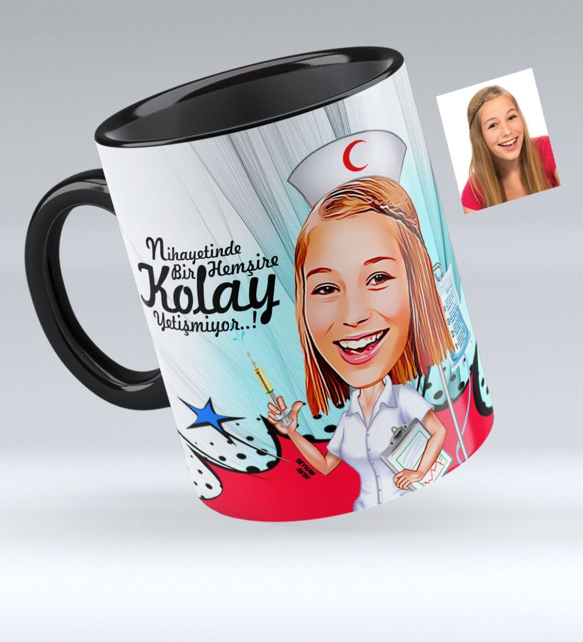Kişiye Özel Hemşire Karikatürlü Siyah Kupa Bardak - 2