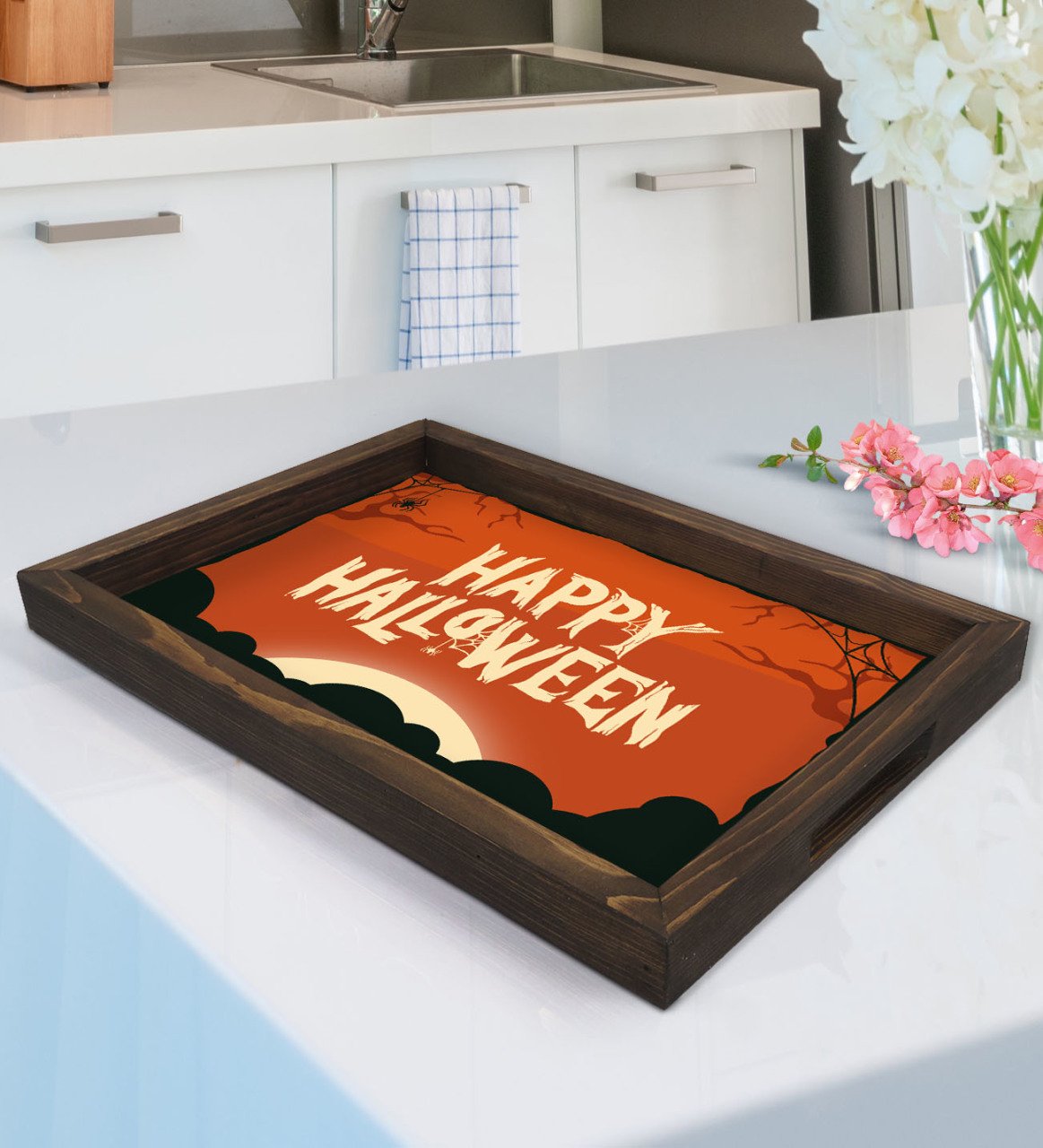 BK Gift Happy Halloween Tasarımlı Doğal Ahşap Tepsi-3