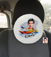 Kişiye Özel İsimli Erkek Kanocu Karikatürlü Yuvarlak Araç Koltuk Yastığı-1