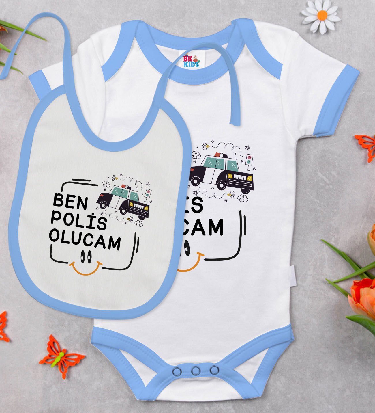 BK Kids Polis Olucam Tasarımlı Mavi Bebek Body Zıbın ve Mama Önlüğü Hediye Seti-1