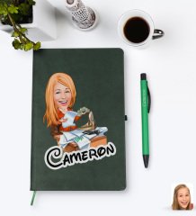 Kişiye Özel Kadın Patron Karikatürlü Yeşil Termo Deri Defter Kalem Seti Model 6