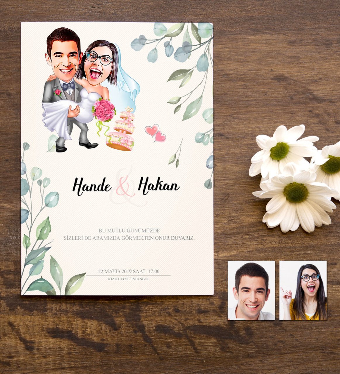 Kişiye Özel Karikatürlü Nikah & Düğün Davetiyesi Model 7 (50 Adet)