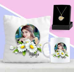 Kişiye Özel Papatya Temalı Fotoğraflı Yastık Kupa ve Papatya Kolye Seti 4