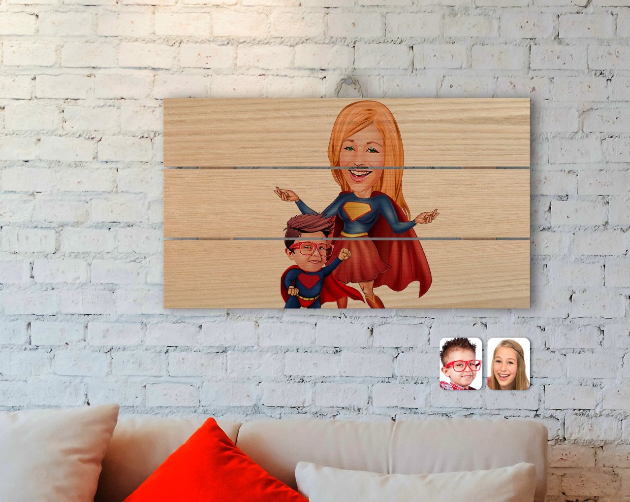 Kişiye Özel Süper Anne ve Çocuk Karikatürlü Otantik Ahşap Palet Tablo