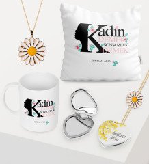Kadınlar Gününe Özel Kupa Çiçekli Ayna Yastık Papatya Kolye Bileklik Seti - 3