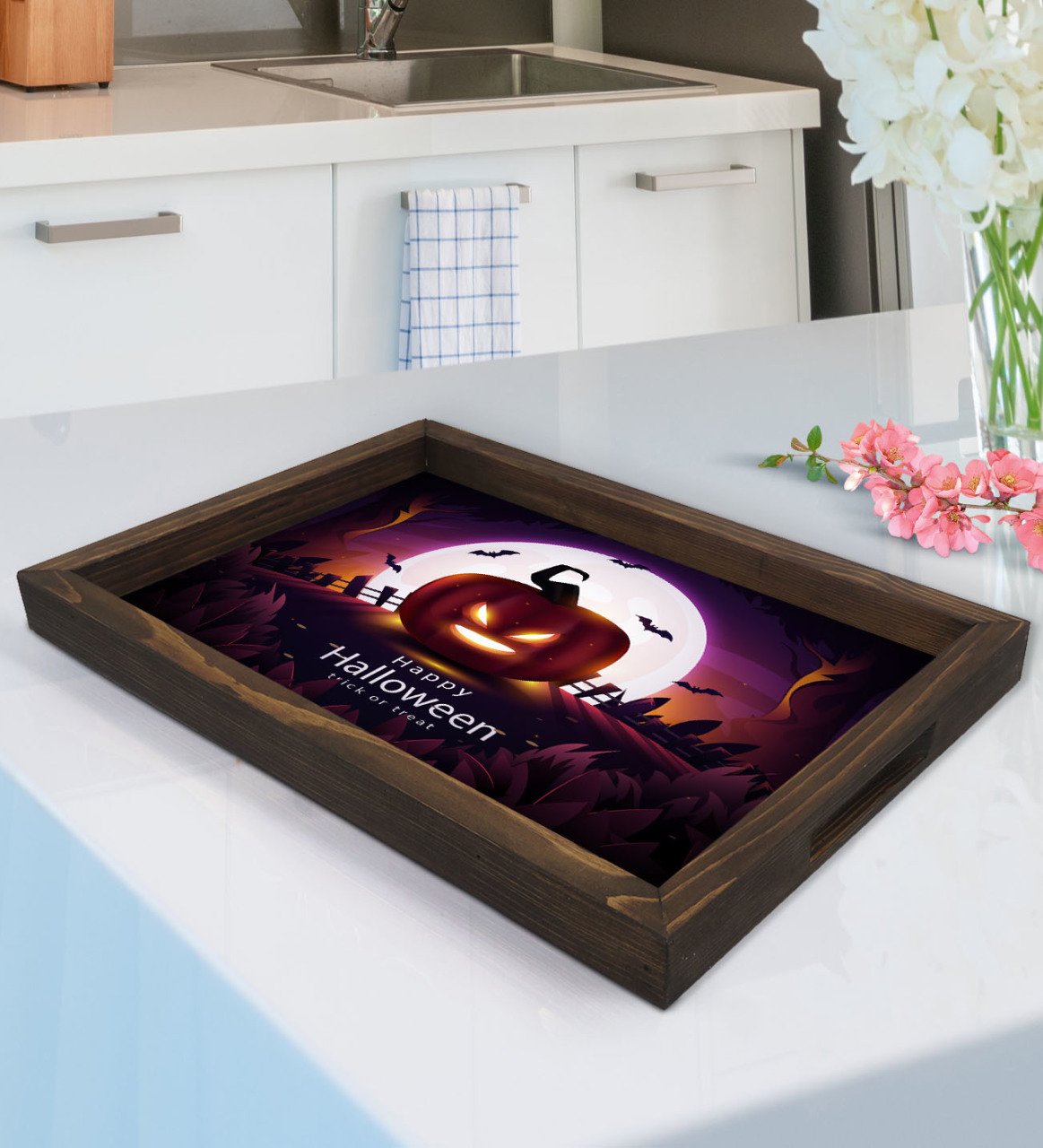 BK Gift Happy Halloween Tasarımlı Doğal Ahşap Tepsi-4