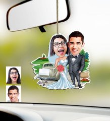 Kişiye Özel Evleniyoruz Karikatürlü Ahşap Araba Dikiz Ayna Süsü-1